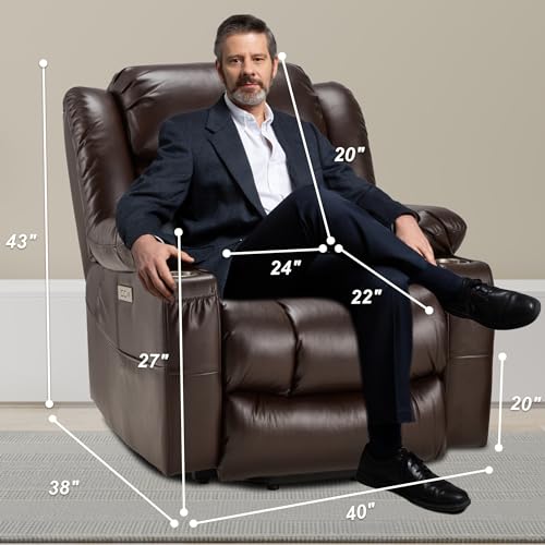 Large Power Lift Recliner Chair Genuine Leather for Elderly with Massage and Heating Function, Lazy Boy Convertible Chair with Cup Holders, USB Ports