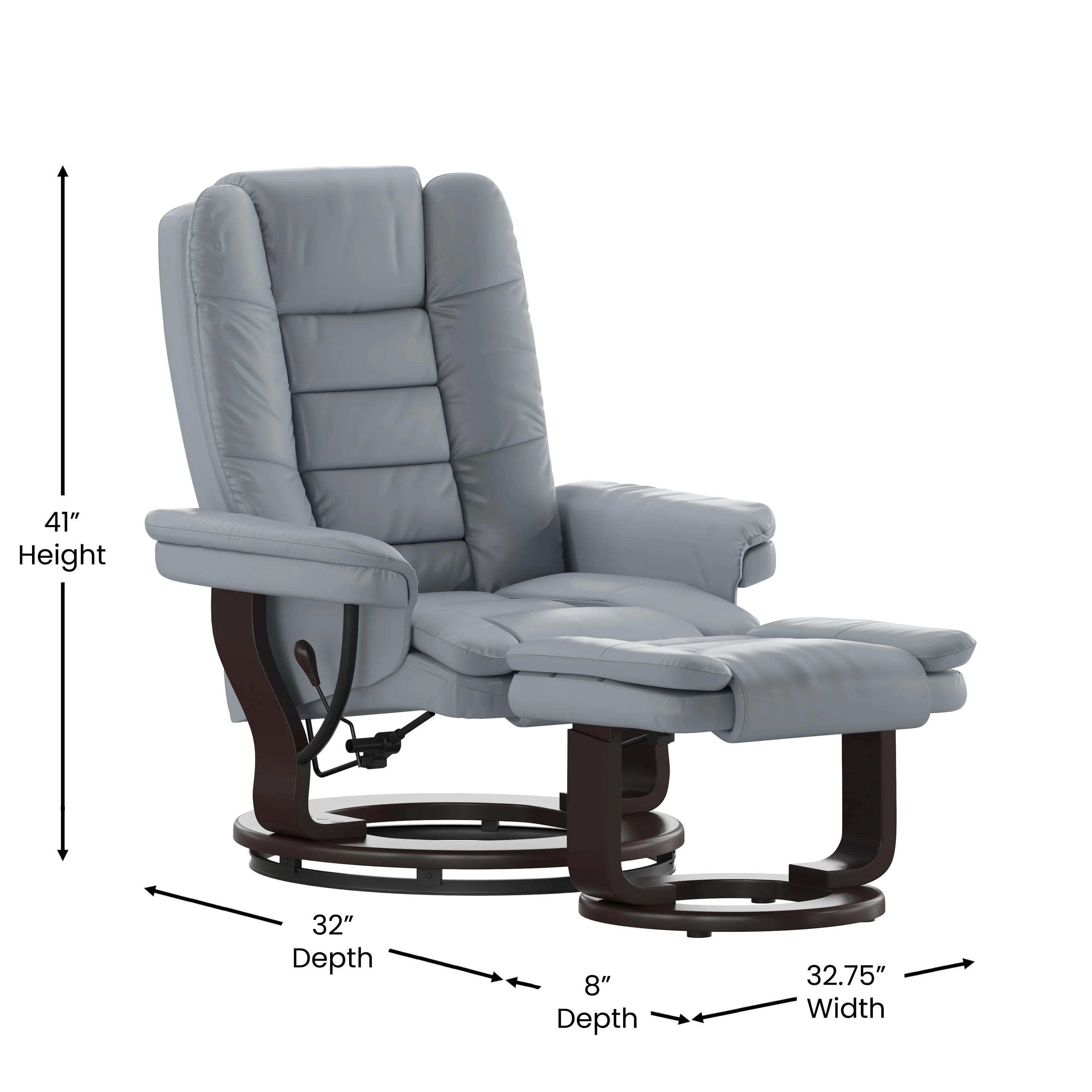 Emma + Oliver Contemporary Multi-Position Recliner with Horizontal Stitching and Ottoman with Swivel Mahogany Wood Base in Gray Faux Leather