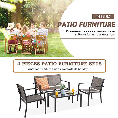 Vongrasig 4 Pieces Patio Furniture Sets,Outdoor Patio Conversation Sets with Glass Coffee Table, Small Porch Balcony Furniture