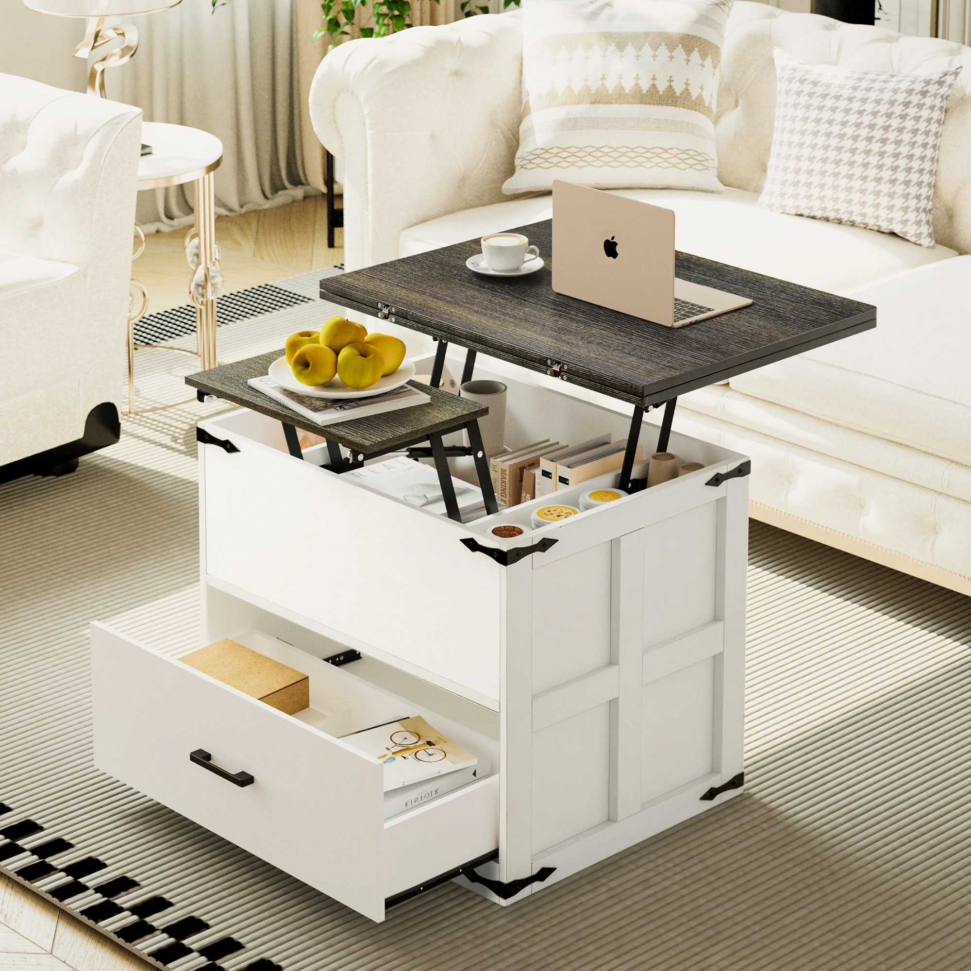GUNAITO Lift Top Coffee Table with Storage Farmhouse Wood 4 in 1 Multi-Function Convertible Modern Dining Table for Living Room White