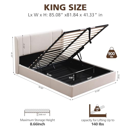VELOCAVA Queen Size Lift Up Storage Bed with Modern Wingback Headboard, Upholstered Platform Bed with Fabric with Hydraulic Support Bars