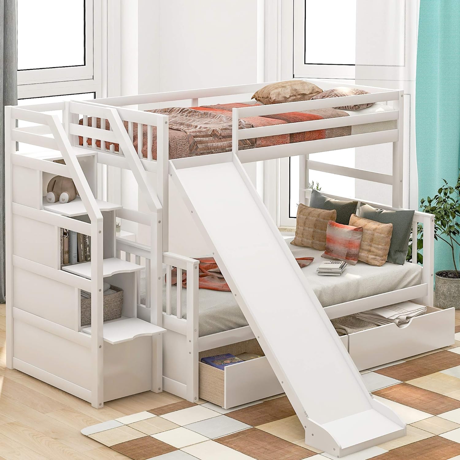 Harper & Bright Designs Twin Over Full Bunk Bed with Slide, Bunk Bed Frame, Solid Wood Bunk Bed with Drawers & Storage Staircases
