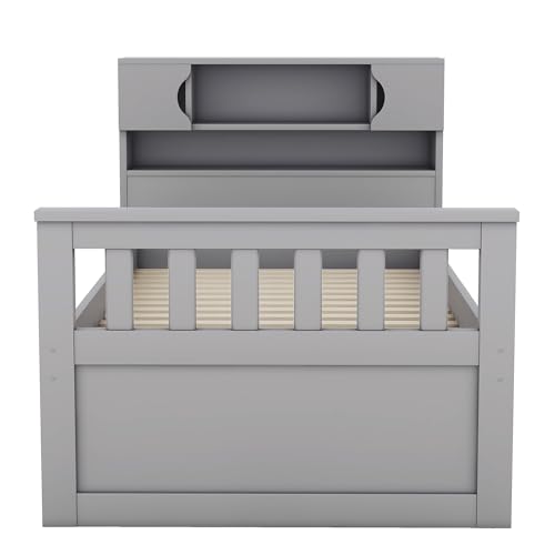 Harper & Bright Designs Twin Size Captain Platform Bed with Bookcase Headboard, Wood Twin Bed Frame with Storage Drawers and Shelves