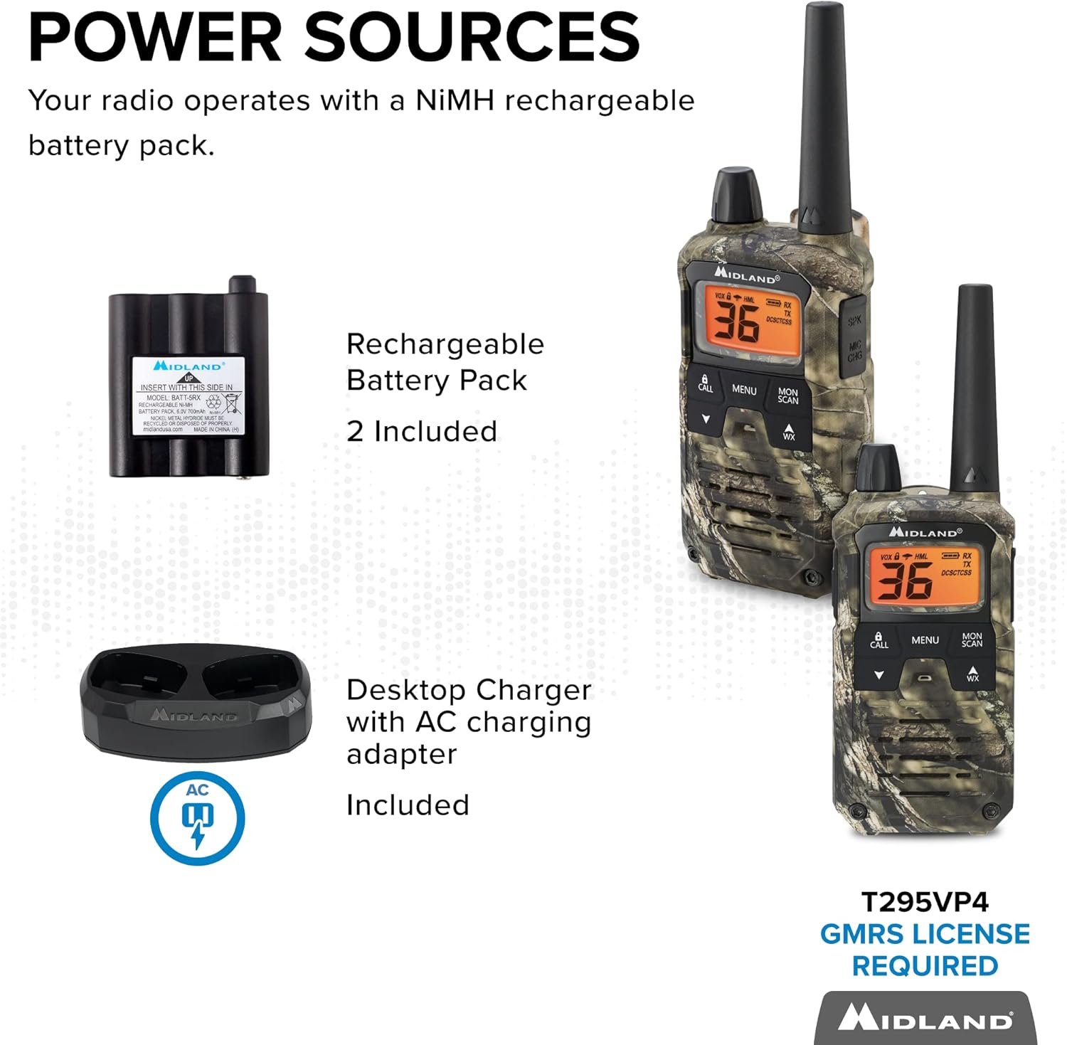Midland T295VP4 X-TALKER GMRS Long Range Walkie Talkie - Two Way Radio with NOAA Weather Scan + Alert, and 121 Privacy Codes (Camo, 2 Radios)