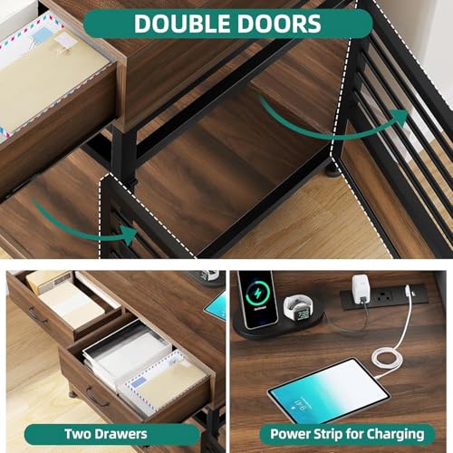 YITAHOME 39 Inch Dog Crate Furniture with Storage Shelves, Wooden Dog Crate for Large Dogs with Power Outlets