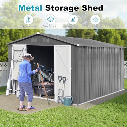 8x6 FT Outdoor Storage Shed, Metal Tool Shed with Lockable Doors, Peaked Roof & Frame Floor