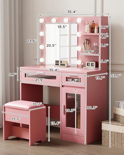 Vanity Desk with Mirror and Lights, Makeup Vanity with Drawer & Storage Shelves, Cabinet, 3 Lighting Modes Adjustable Brightness