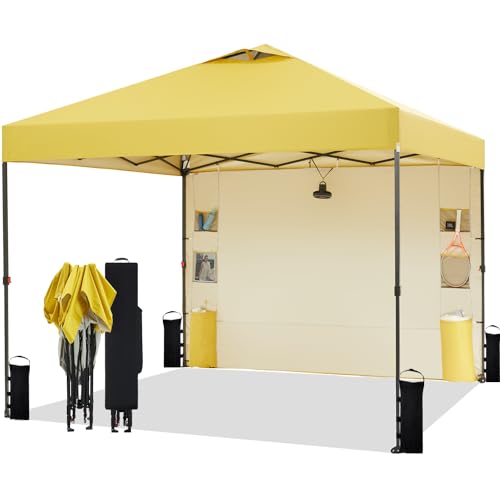 10'x10' Pop Up Canopy Tent with 1 Sidewall and 6 Pockets, One Push Setup, Instant Shade Tent with Vented Roof for Beach Patio Outdoor, Case, 8 Stakes