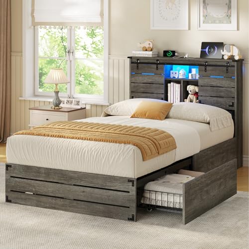 VIAGDO Wooden Bed Frame Queen Size with Bookcase Headboard and Sliding Barn Door, Farmhouse Queen Bed Frame with Charging Station