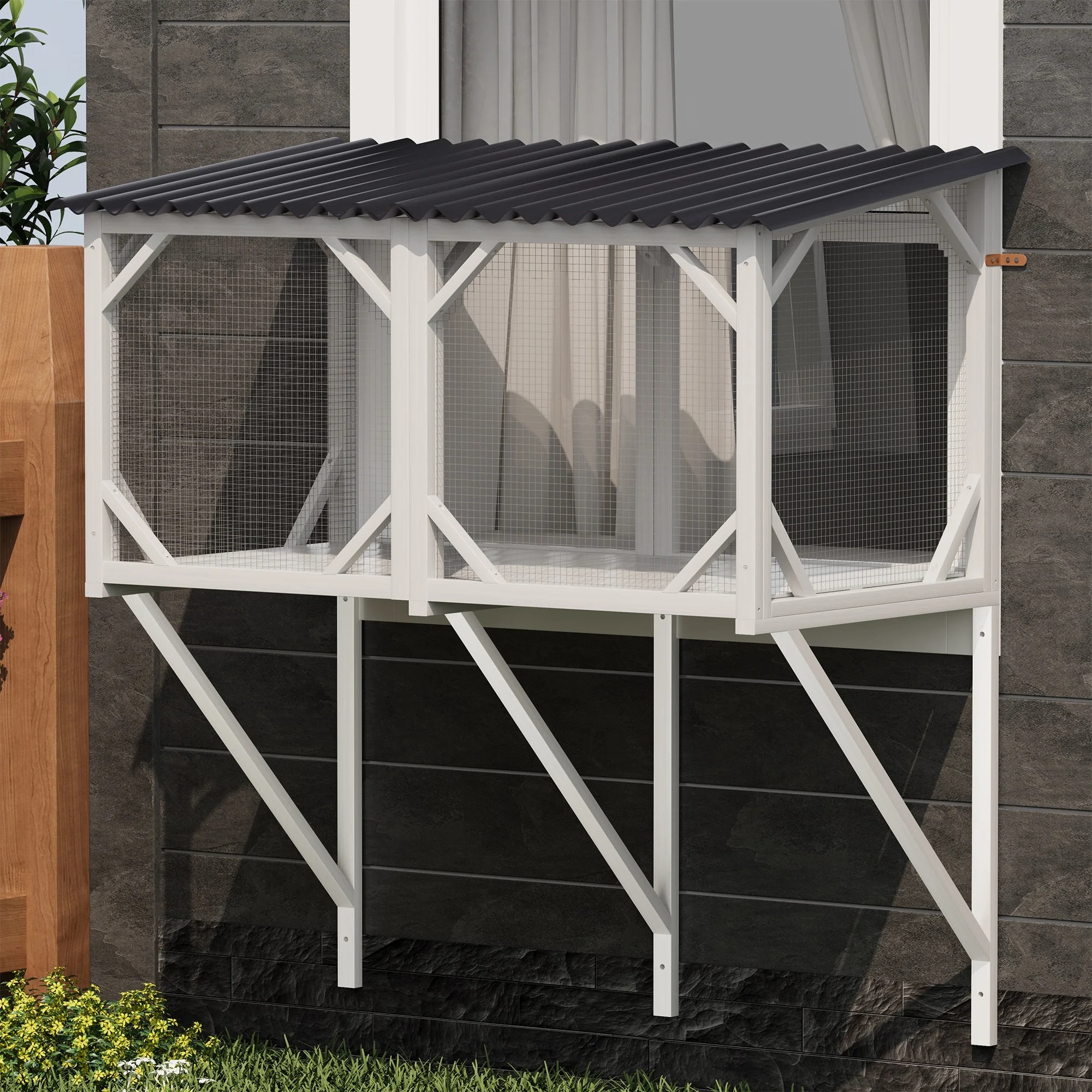 Montary Catio Outdoor Cat Enclosure with Window Access, 4-Tier Cat House with Wheels, Waterproof Roof &amp; Resting Box, Large Gray Cage