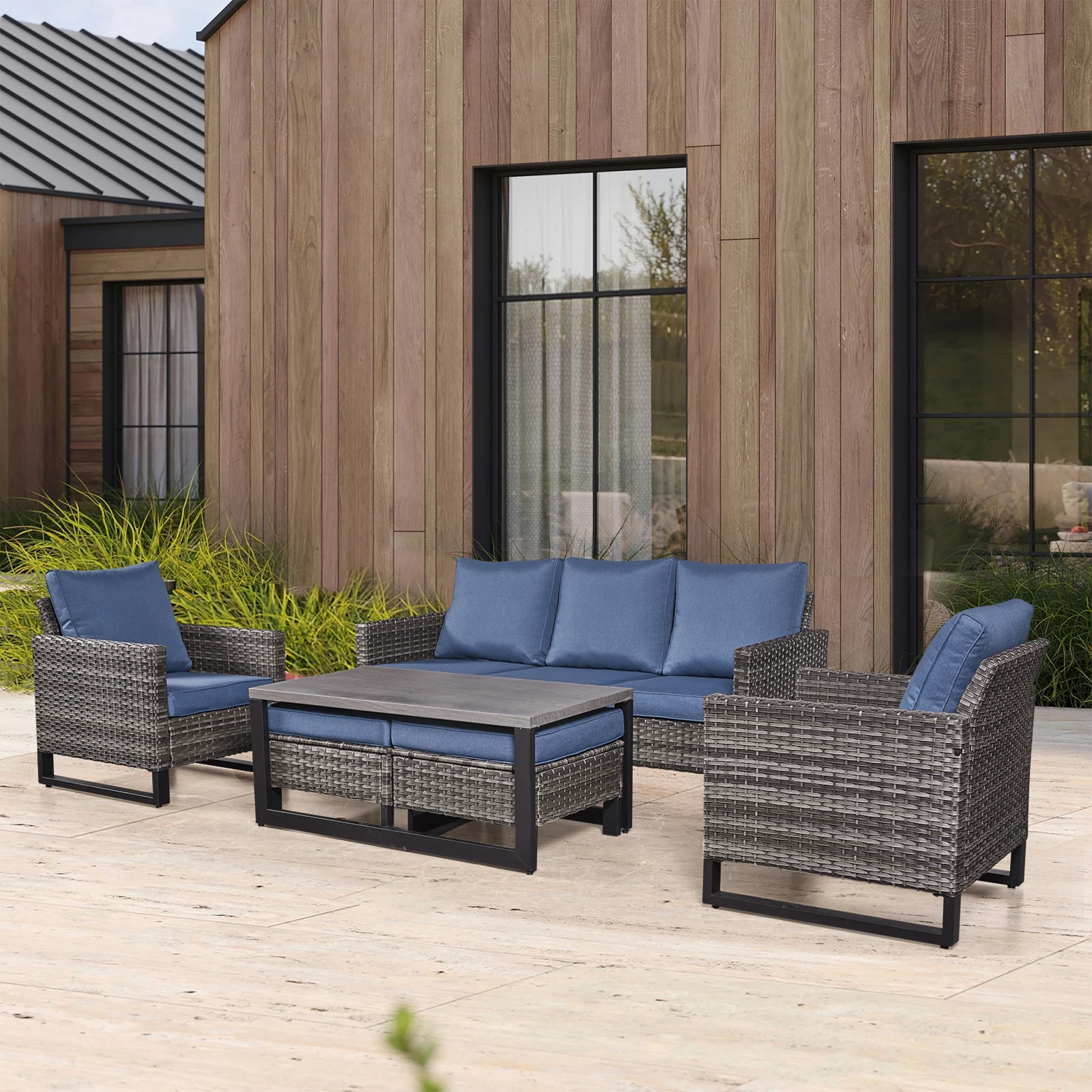 PARKWELL 6Pcs Patio Rattan Wicker Outdoor Conversation Sets 5 - Person Seating Group Patio Furniture Set, including Sofa, Chairs