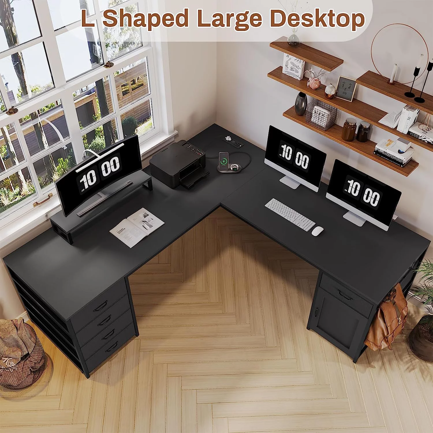 L Shaped Desk with 5 Drawer and Power Outlet, 63" Reversible Computer Desk with Monitor Shelf, Storage Cabinet, Black