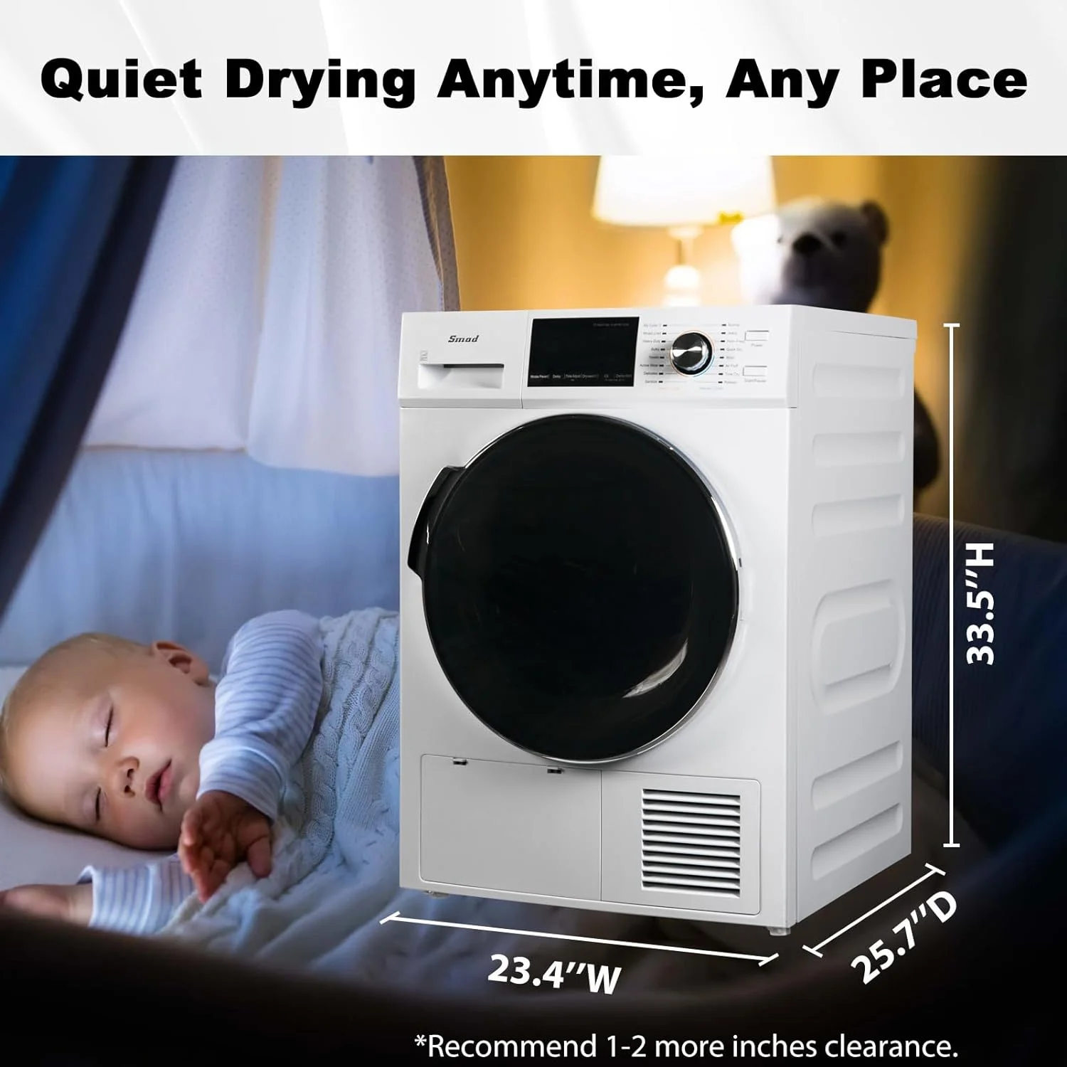 Smad 4.4 Cu ft Ventless Heat Pump Front Load Clothes Dryer with Wrinkle Care,10KG Load, 120V