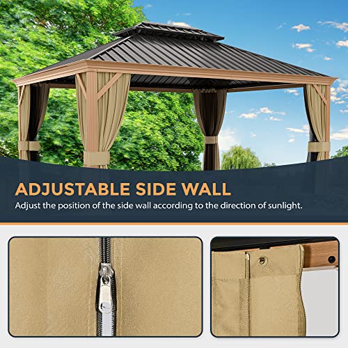 HAPPATIO 10' x 12' Hardtop Gazebo with Netting and Curtains, Double Roof Permanent Patio Metal Gazebo Canopy for Patio, Deck, Backyard （Gray）