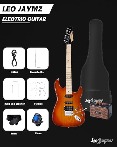 Leo Jaymz 39" Full Size ST Style Electric Guitar Starter Kit with SSH Pickup, 5W Portable Amp, Tuner, Gig Bag, Strap & Accessories (Violet Ocean)