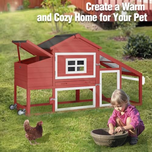 Chicken Coop with Wheels, Mobile Outdoor Chicken House with Leakproof Pull-on Tray, Nesting Box, Waterproof Roof - Red