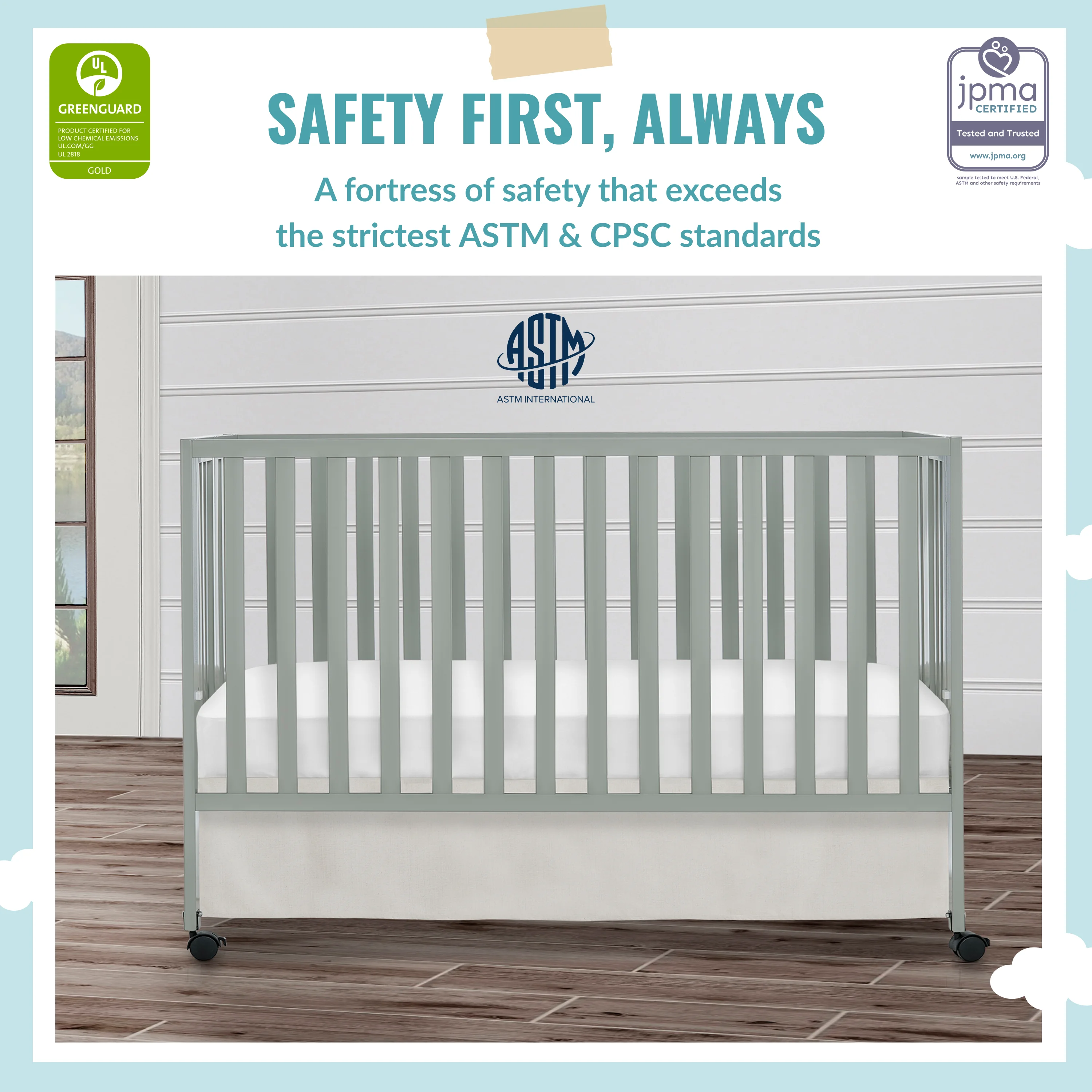 Dream On Me Quinn Full-Size Folding Crib in Cool Grey, Removeable Wheels, Modern Nursey, Adjustable Mattress Support, Portable Crib