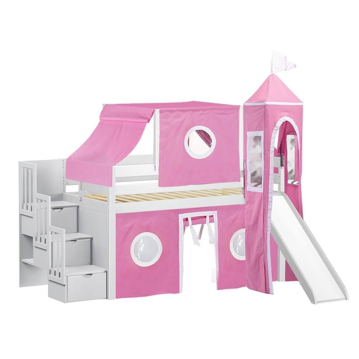 Jackpot! Princess Low Loft Twin Stairway Bed with Slide Pink Camo Tent and Tower, Blue