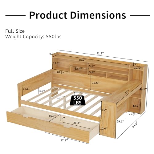 Corner Twin Bed Frame with Bookcase Storage and Desk, Wood Day Beds with 2 Drawers, Twin Size Daybed with Storage for Living Room
