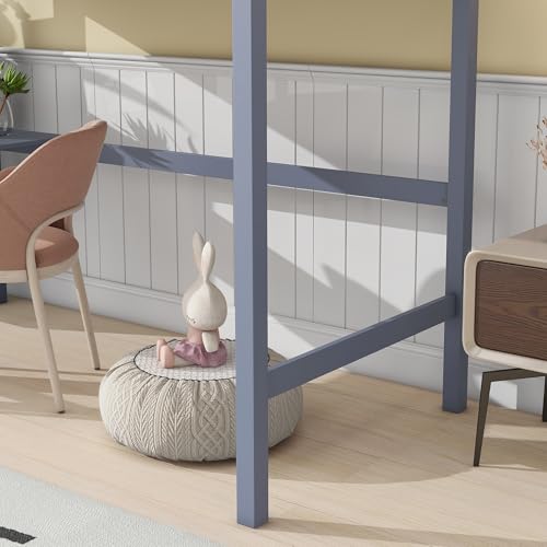 Low Loft Bed Twin Size, Kids Solid Wood Modern Loft Bed Frame with Ladder and Safety Guardrail for Girls Boys, Noise-Free,Non-Toxic Finishes