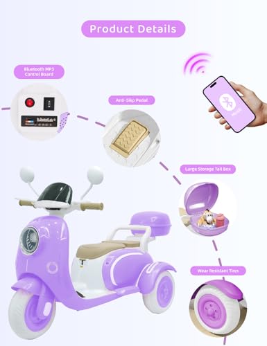 Kids Electric Motorcycle,3 Wheel Bike, Electric Scooter for 3 Year Old,3-Wheel 12V Ride On Scooter for Kids with Storage Compartments