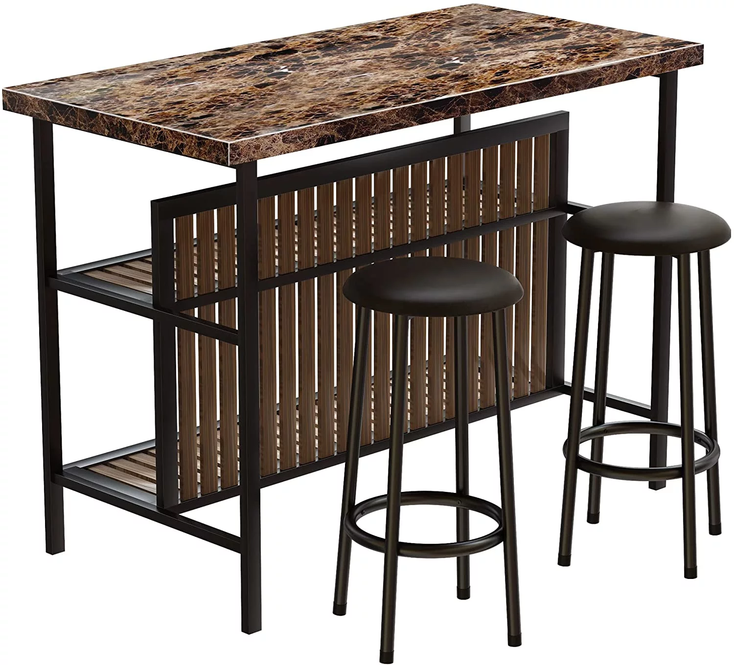 tantohom 3-Piece Home Bar Dining Table Set, 47 inch Bar Height Table and Chairs with Top Artificial Marble and 2-Layer Storage Shelf