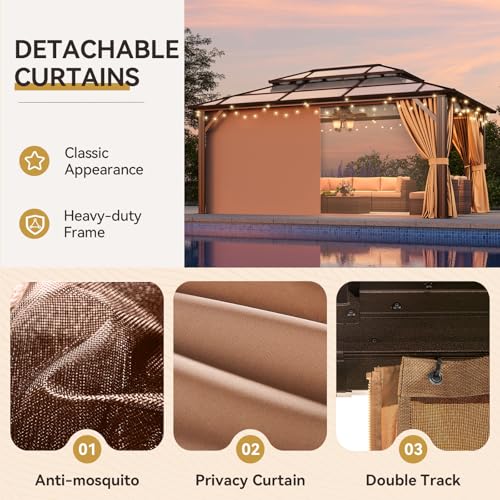 Aoxun 12'x16' Hardtop Gazebo, Aluminum Frame Permanent Pavilion with Netting and Curtains, Outdoor Polycarbonate Double Roof Canopy