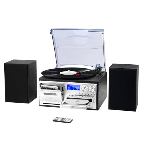 10 in 1 Record Player with External Speakers, 3 SpeedTurntable with AM/FM Radio, CD & Cassette Player, Bluetooth, USB/SD Playback, Remote Control