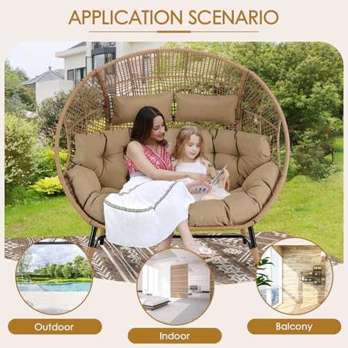 NICESOUL® Double Egg Chair Indoor Outdoor Stationary Oversized Thicken Padded Cushions, 2 Person Egg Loveseat Chair