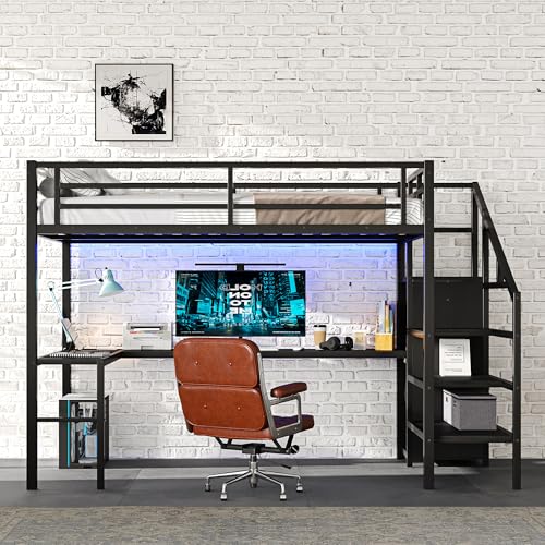 Full Loft Bed with Desk - Metal Gaming Bed with L-shaped Desk, USB, Wardrobe & Adjustable Shelf, High Loft Bed with Safety Guardrails & Stairs