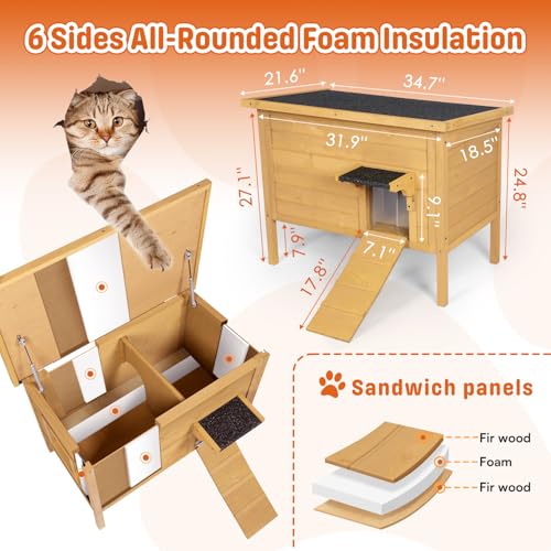 BRIOPAWS Outdoor-Cat-House-Insulated | Feral-Cat-Shelter for Winter | Weatherproof | Large Wooden Pet House for Multiple Cats | Foldable Ladder |