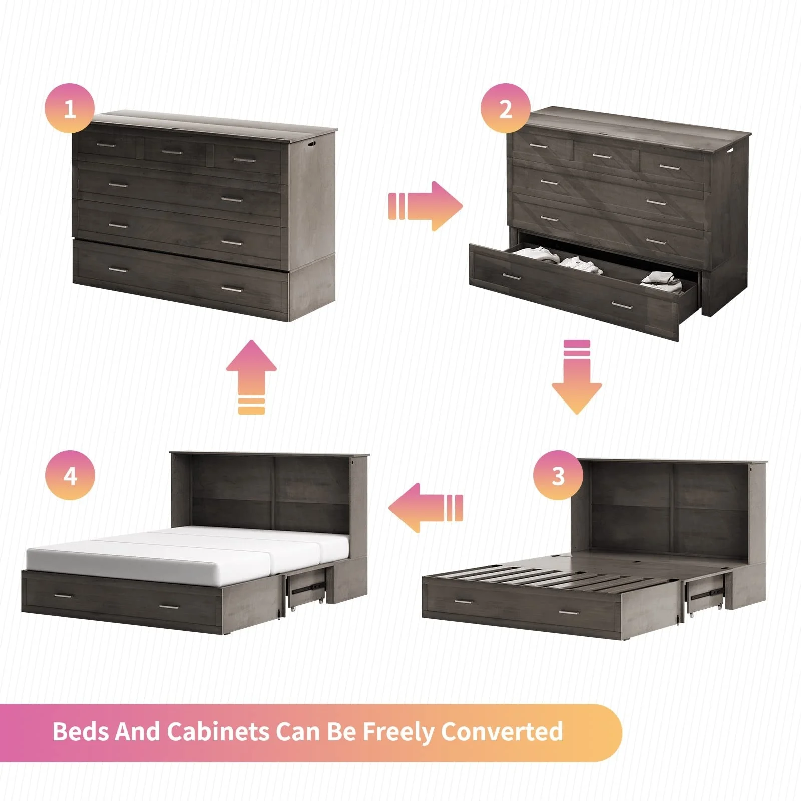 Mixoy Cabinet Murphy Bed Chest with Mattress,Charging Station,Drawers Cherry - Curated Treasures Market