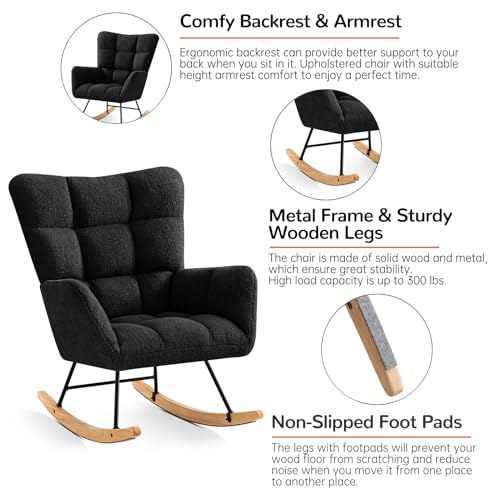 Furniliving Rocking Chair, Faux Fur Upholstered Glider Rocker, Padded Cushioned Seat Rocking Accent Chair with High Backrest