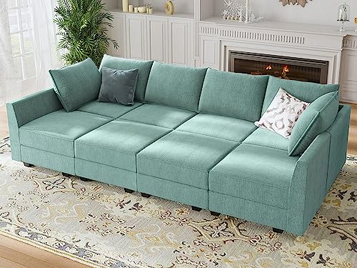 HONBAY Modular Sofa Sectional Sleeper Couch with Ottomans Reversible Sleeper Sectional Sofa Modular Couch with Storage, Aqua Blue