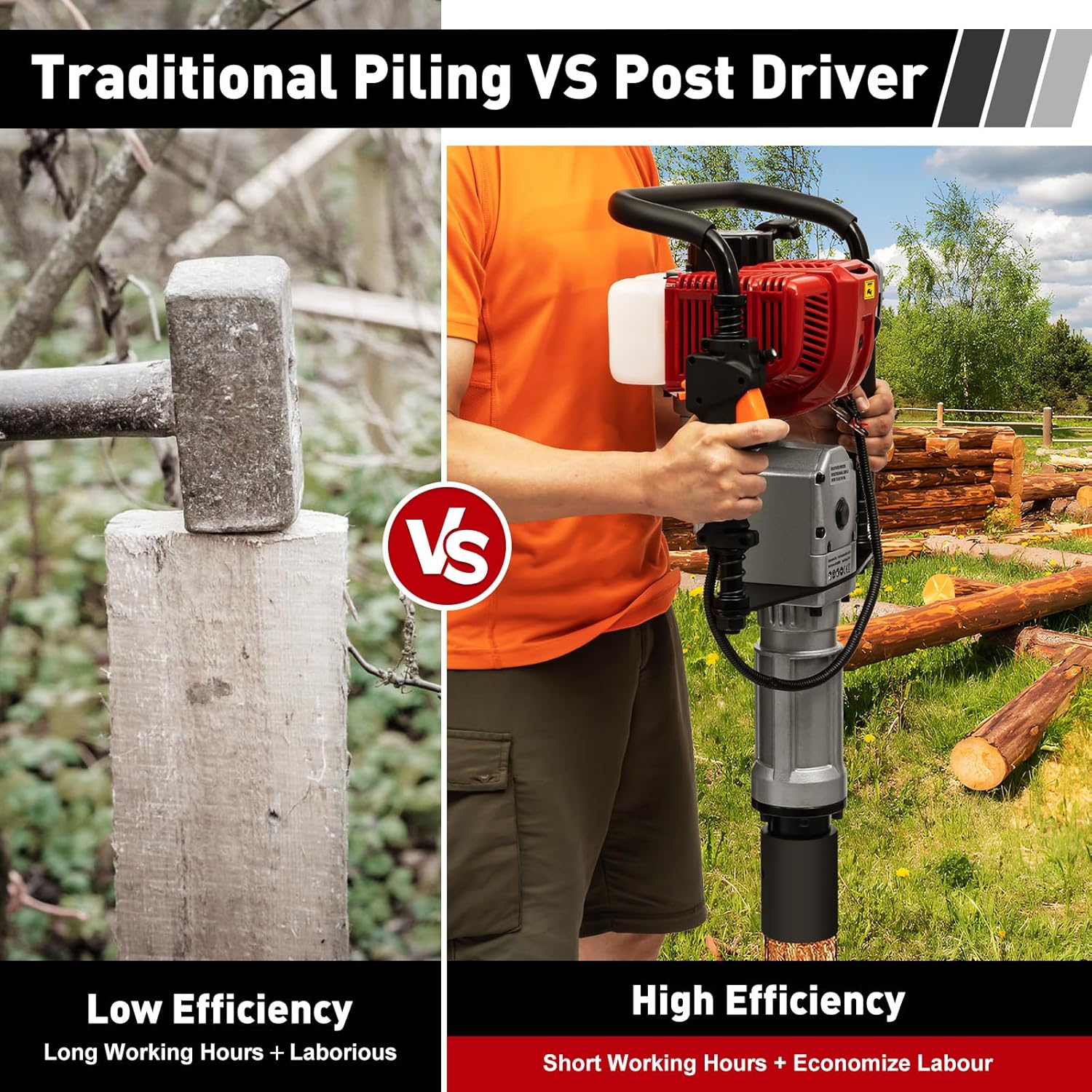 52cc Gas-Powered T Post Driver Fence Post Driver Gasoline Piling 2-Stroke Engine,Pile Driver Hammer w/Storage Case - EPA Certificated