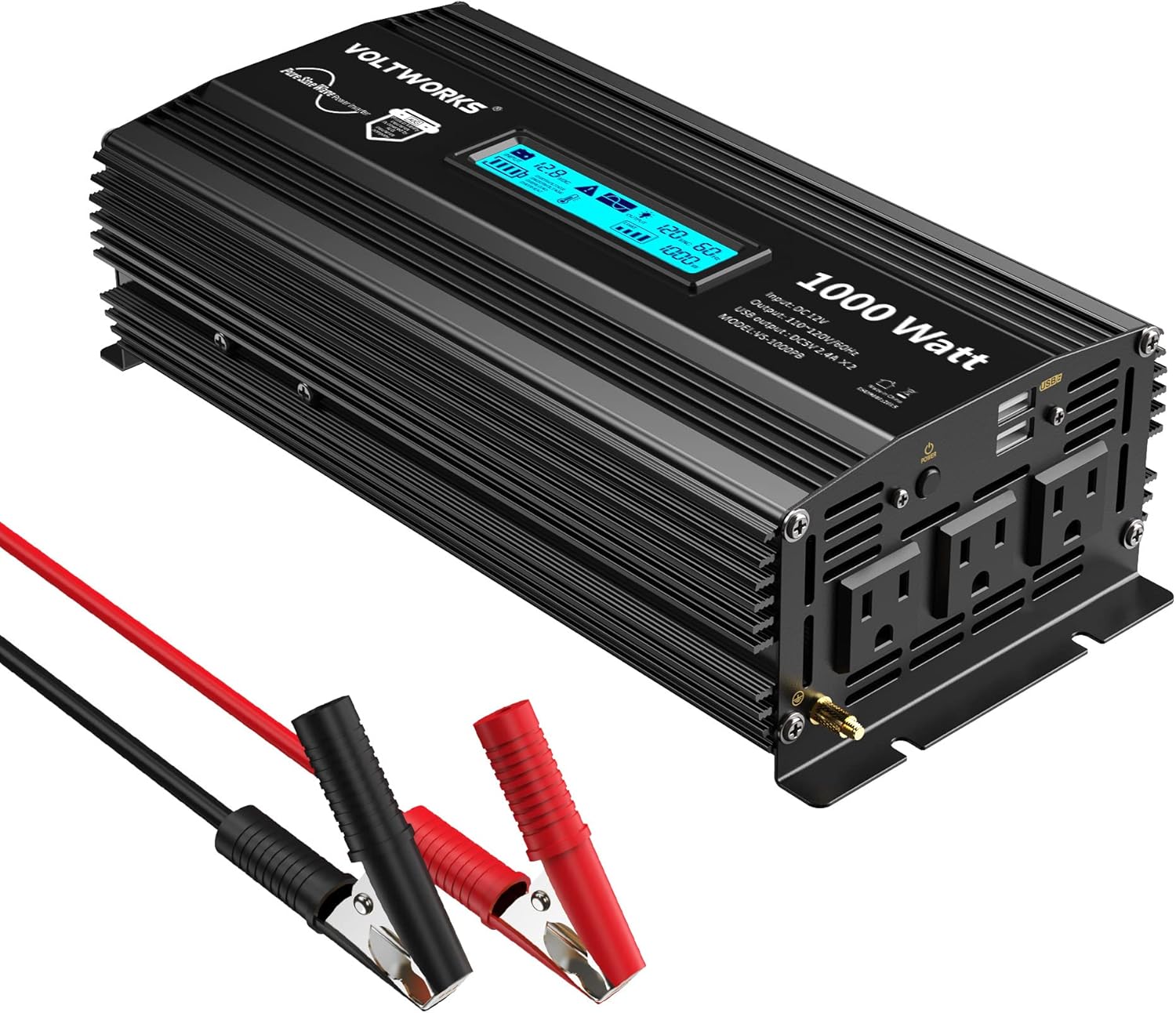 Pure Sine Wave 2500 Watt Car Power Inverter 2500w Converter DC 12V to 110V-120V AC with LCD Display 2 AC Outlets 2x2.4A USB Ports 1 AC Terminal Block