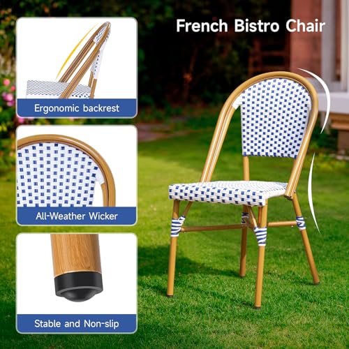 3 Piece Patio Bistro Set, French Wicker Outdoor Bistro Set with Round Table and 2 Dining Chairs, ‎Aluminum Furniture