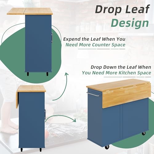 Shintenchi Rolling Kitchen Island Cart with Folding Drop Leaf Breakfast Bar, Portable Trolley Island with Large Storage Cabinet, Shelf and Drawer