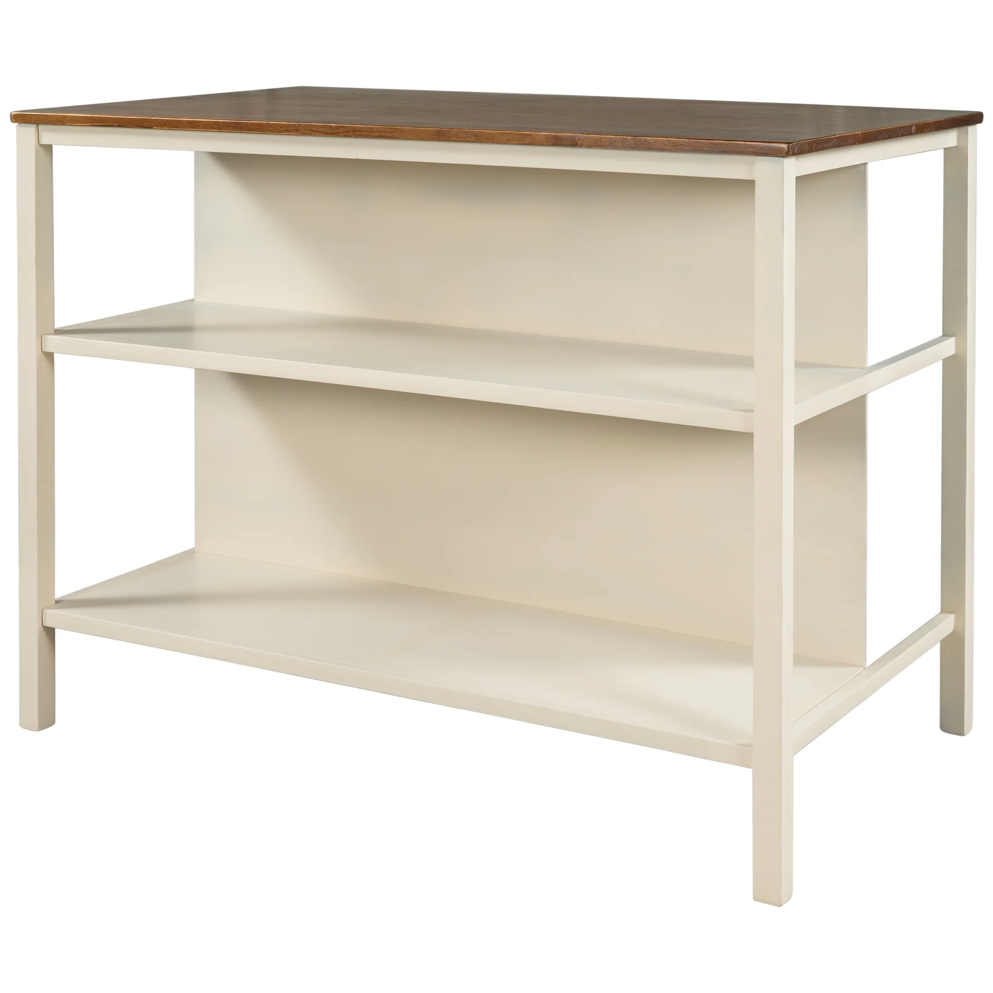 TOPMAX Solid Wood Rustic 45" Stationary Kitchen Island, Rubber Wood Butcher Block Dining Table Prep Table with 2 Open Shelves for Small Places