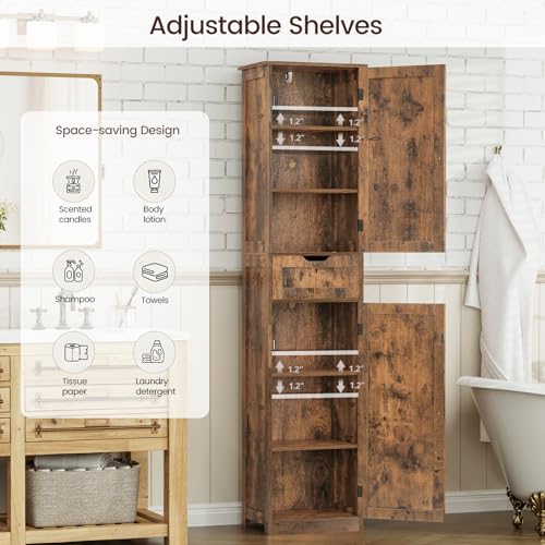 Iwell 67" Tall Bathroom Cabinet, Storage Cabinet with 2 Doors & 1 Drawer, Bathroom Storage Cabinets with Adjustable Shelves, for Living Room