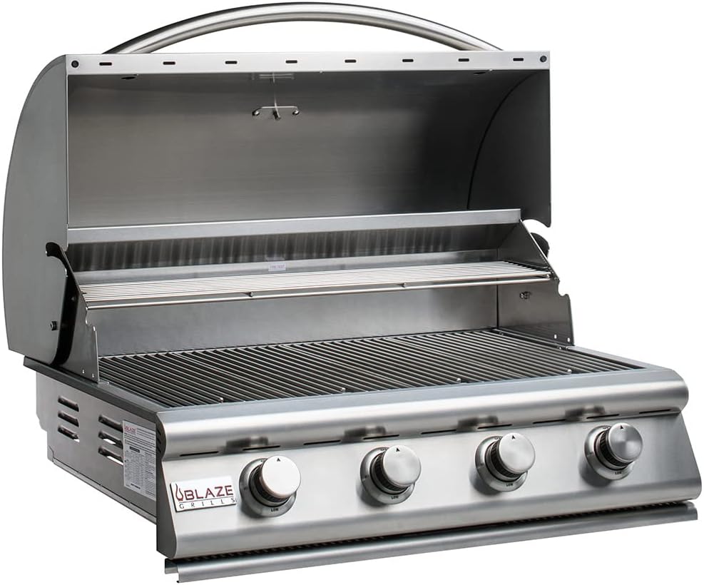 Blaze Prelude LBM 32-Inch 4-Burner Built-in Natural Gas Stainless Steel Grill with Flame-Stabilizing Grids, Heat Zone Separators, Drip Tray and Hood