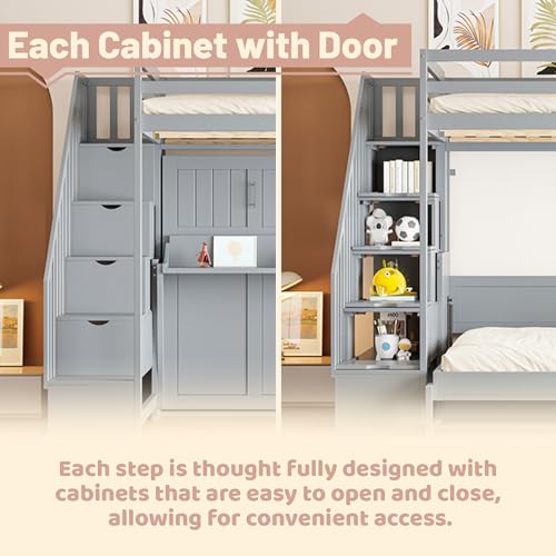 Full Murphy Bed with Stairs, Convertible Wall Bed Frame with Hydraulic Lift & Desk, Murphy Cabinet Beds with Upper Bed for Teens, Boys and Girls