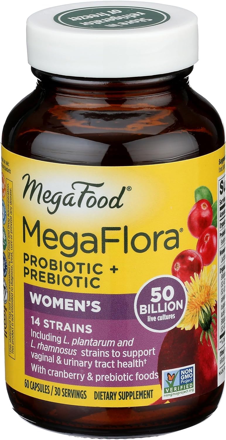 MegaFood MegaFlora Probiotics for Women + Prebiotics and Probiotics with 14 Strains & 50 Billion CFUs, with Cranberry