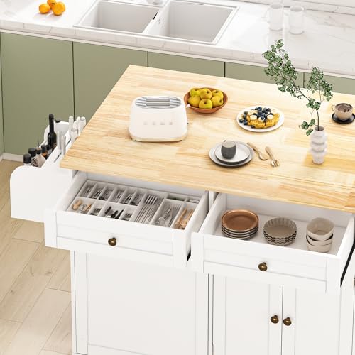 67’’ Movable Kitchen Island with Drop Leaf and Power Outlet, Lockable Sliding Countertop Rolling Island Cart with 2 Large Drawers, Spice, Towel Rack