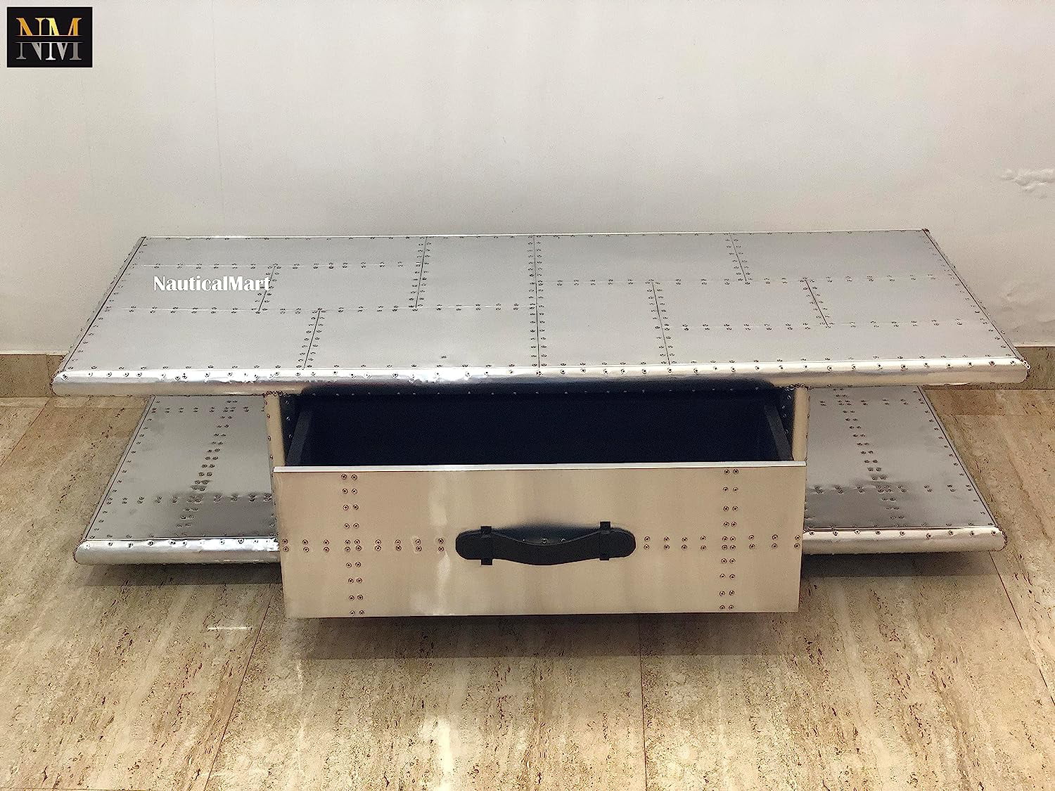 NauticalMart Aviator Coffee Table with Drawers Aluminum Rectangular Center Tea Table Housewarming Gift