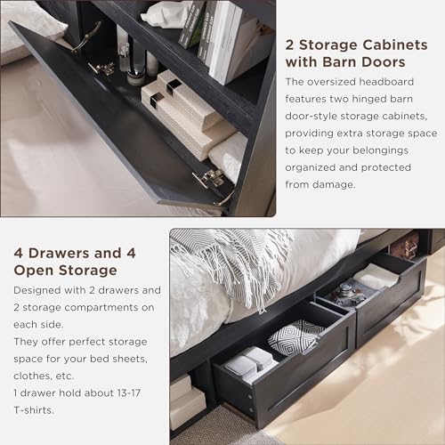 Queen Size Wood Bed Frame Farmhouse with 52" Tall Storage Bookcase Headboard, LED Light,Charging Station,4 Drawers and Solid Wood Slats Support