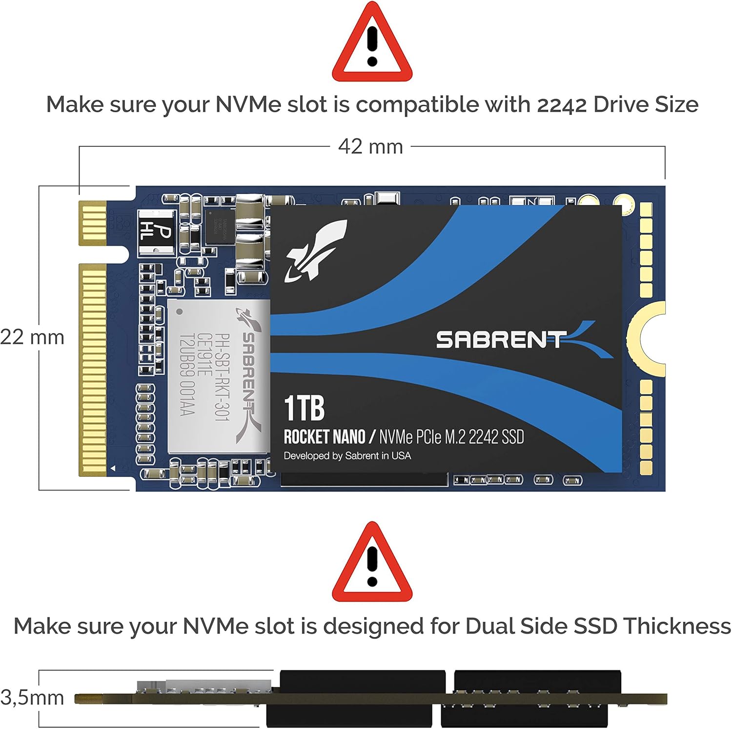 Sabrent 1TB Rocket NVMe PCIe M.2 2242 DRAM-Less Low Power Internal High Performance SSD (SB-1342-1TB)