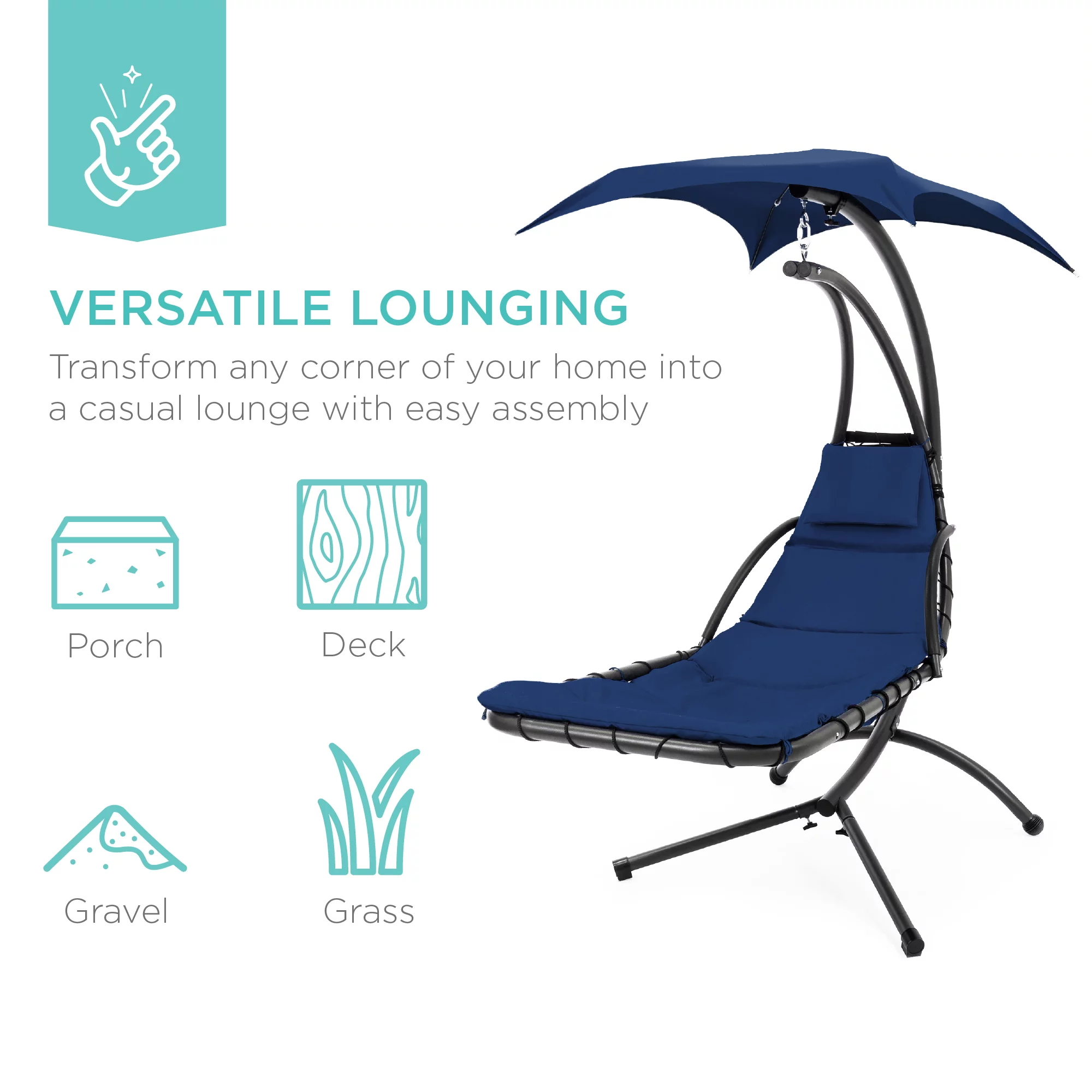 Best Choice Products Hanging Curved Chaise Lounge Chair Swing for Backyard, Patio w/ Pillow, Shade, Stand - Navy Blue - Radiant Selections