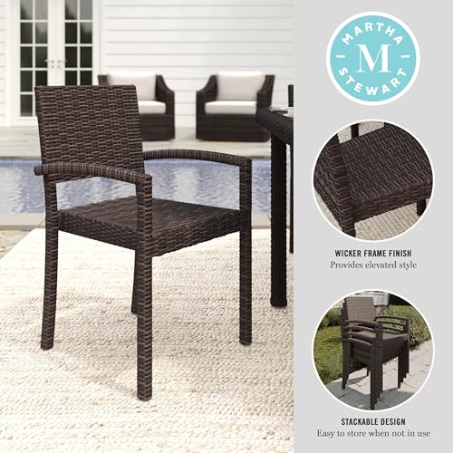 Martha Stewart Bedford Indoor-Outdoor Stackable Patio Armchairs with Rattan Wicker Finish in Brown, Set of 2