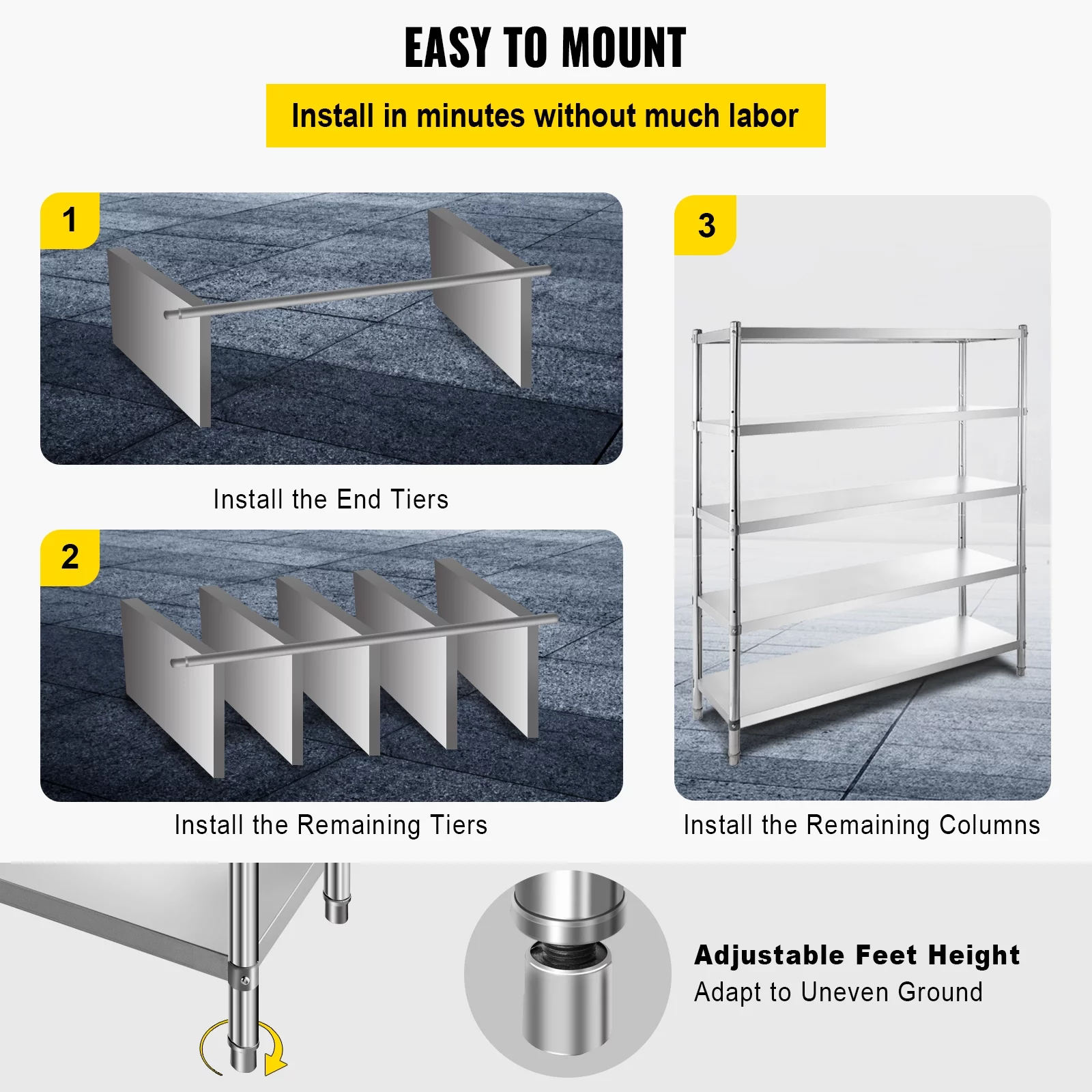 BENTISM Shelving Unit Storage Shelves 60x18.5 inch 5-Tier Stainless Steel 330lb Per Kitchen Shelf